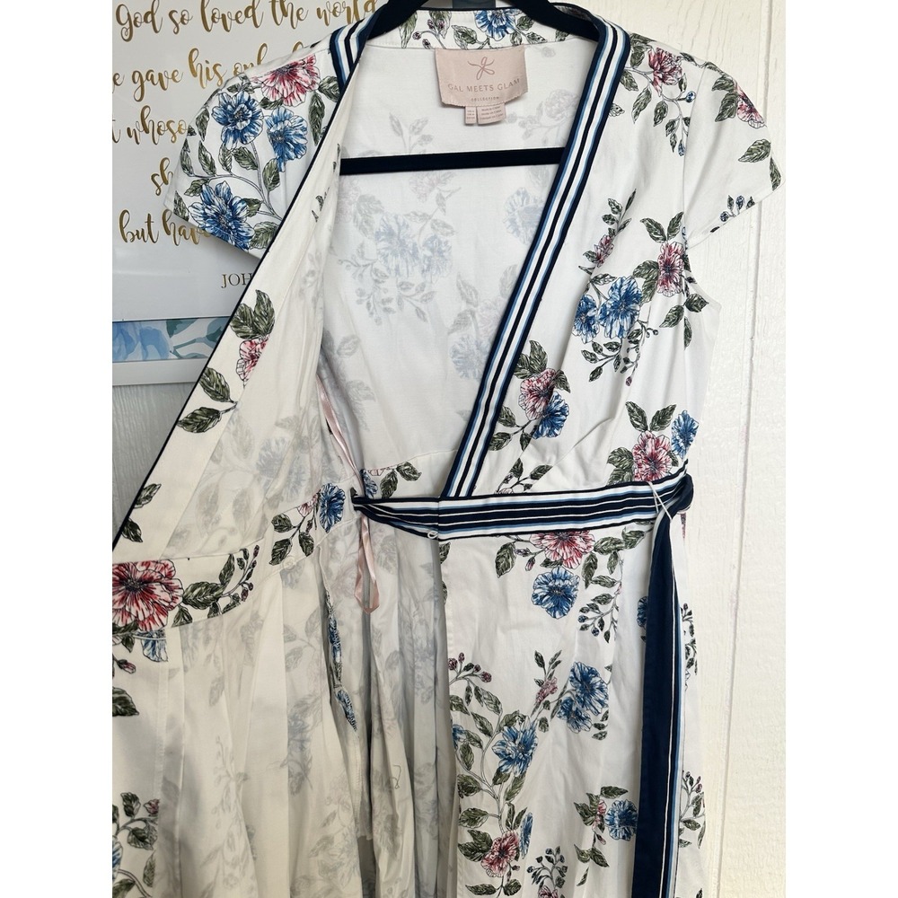 Gal Meets Glam Women's Floral Sz 4 V Neck Wrap Around Stripe Belt Side Tie Dress - Picture 7 of 10